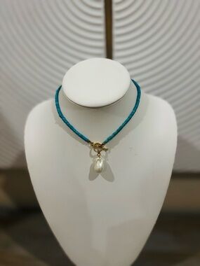 Teal Beaded Necklace with Pearl Pendant